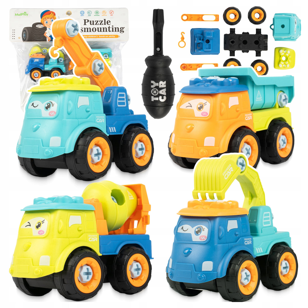 CONSTRUCTION VEHICLES SET FOR TWISTING AND UNSCREWING DIY 4 CARS SCREWDRIVER 3+