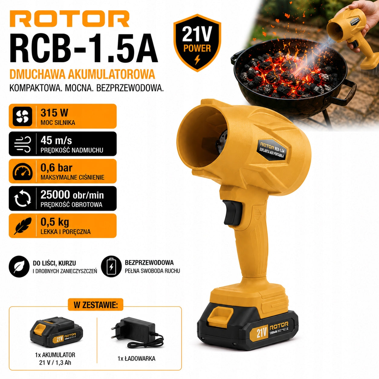 CORDLESS BLOWER ROTOR RCB-1.5A FOR LEAVES AND DUST 21V LIGHT STRONG