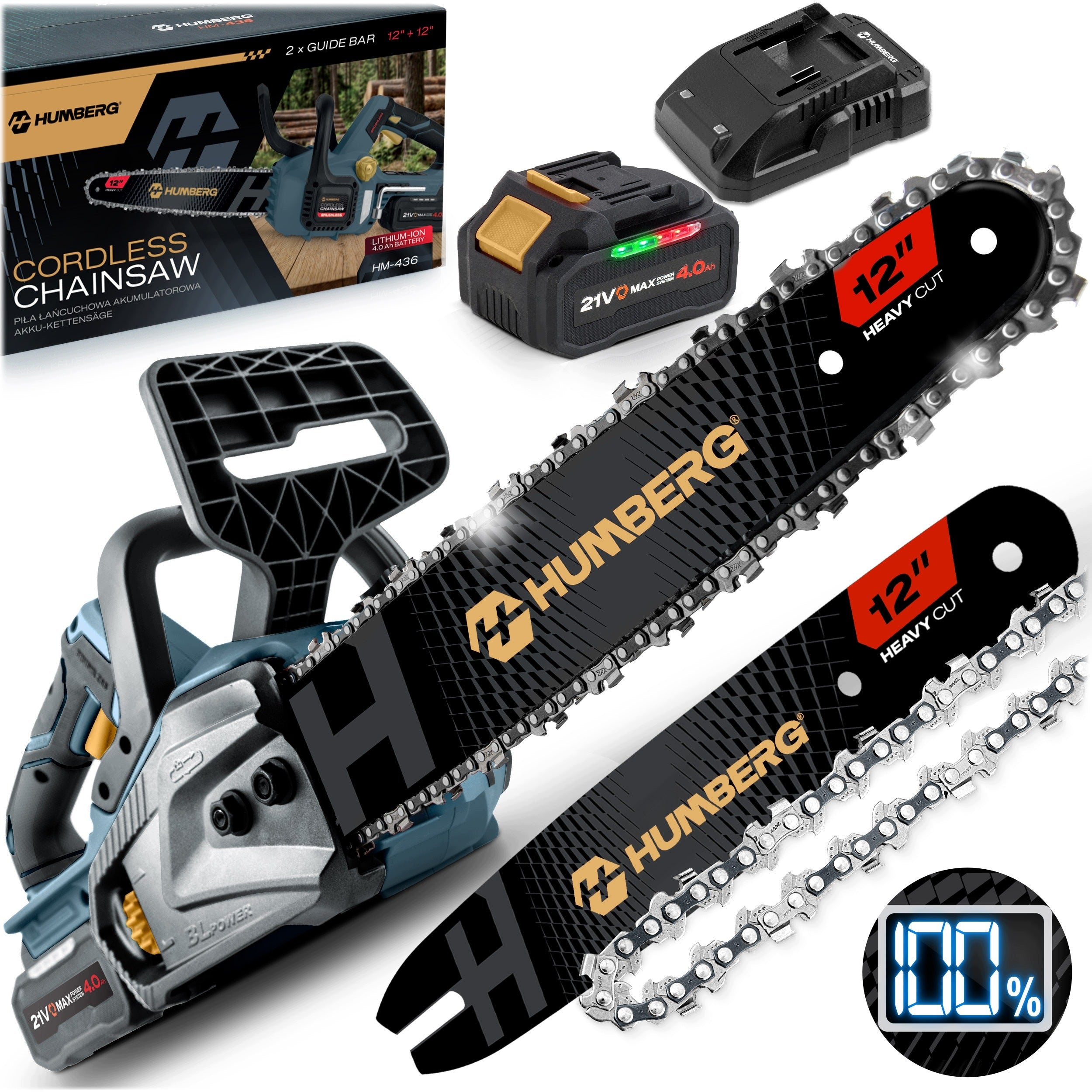 CORDLESS CHAINSAW WOOD SAW BRUSHLESS 12" INCH 4Ah