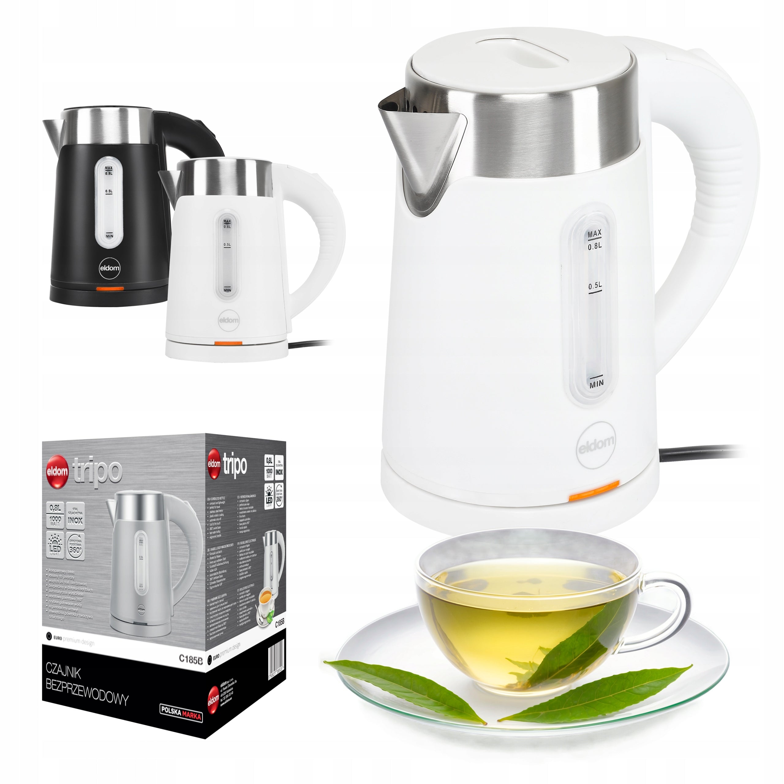 CORDLESS ELECTRIC KETTLE 0,8L WHITE SMALL TOURIST 1000W