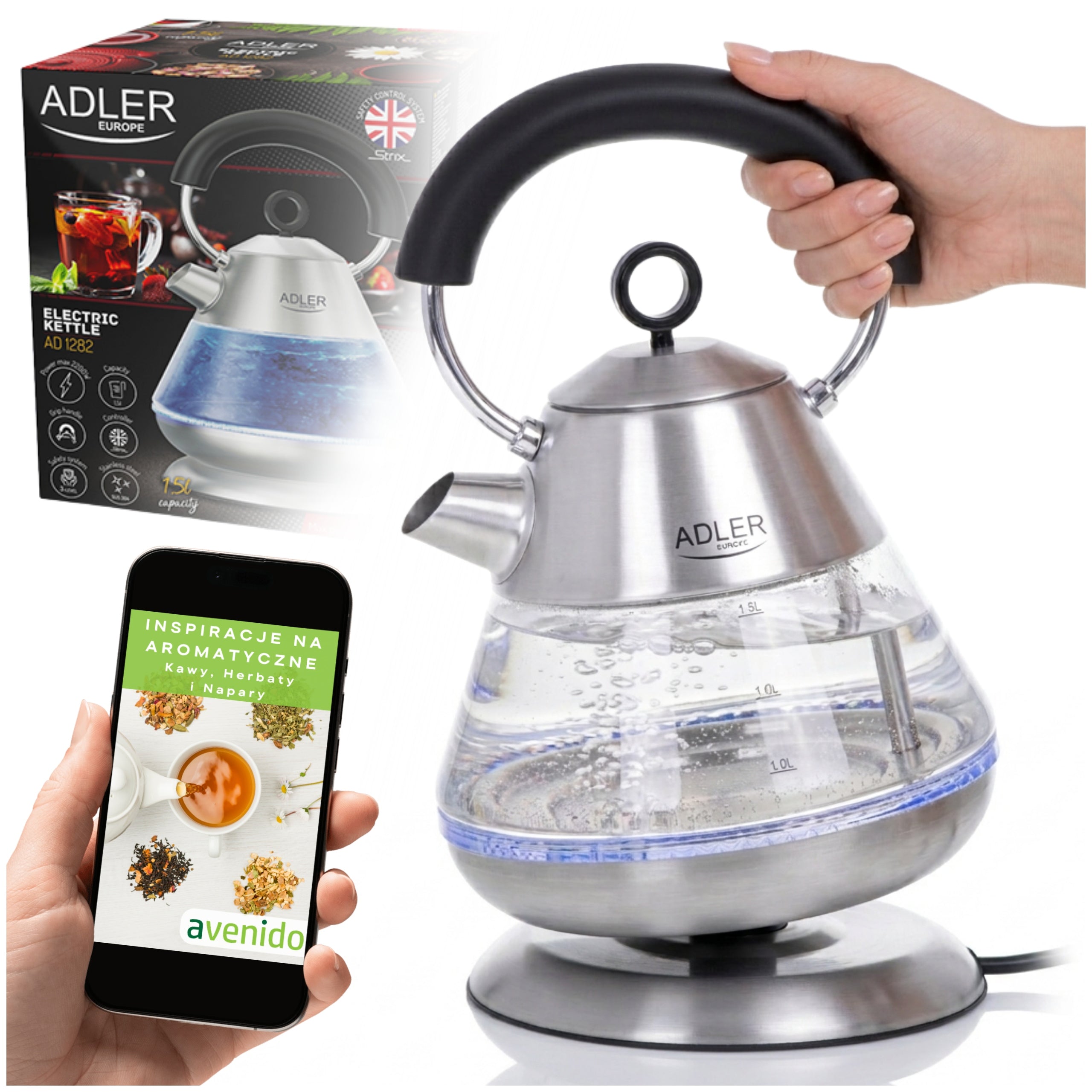 CORDLESS ELECTRIC KETTLE 1,5L 2200W GLASS WITH BACKLIGHT STRONG