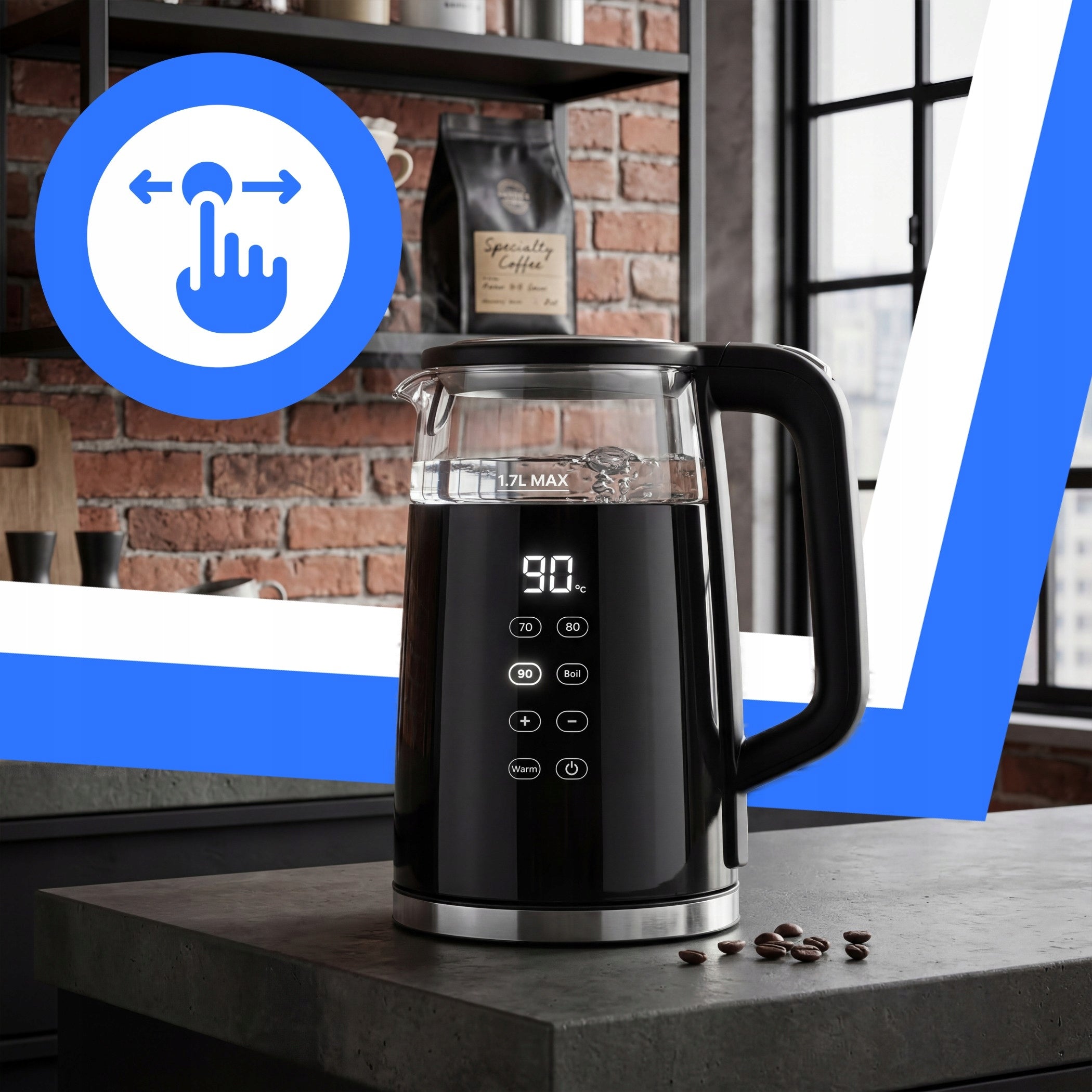 CORDLESS ELECTRIC KETTLE 1,7L 2200W GLASS TEMPERATURE CONTROL Manufacturer code R-OR1300