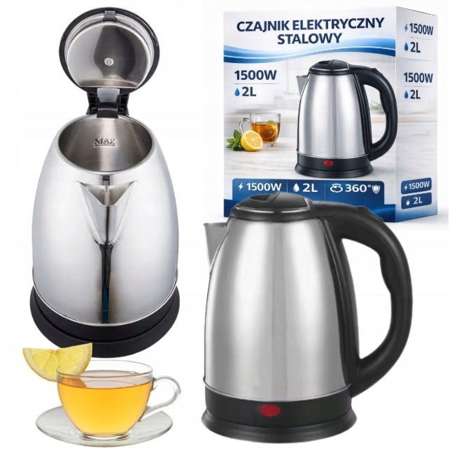 CORDLESS ELECTRIC KETTLE 1500W 2L LARGE SILVER STAINLESS STEEL