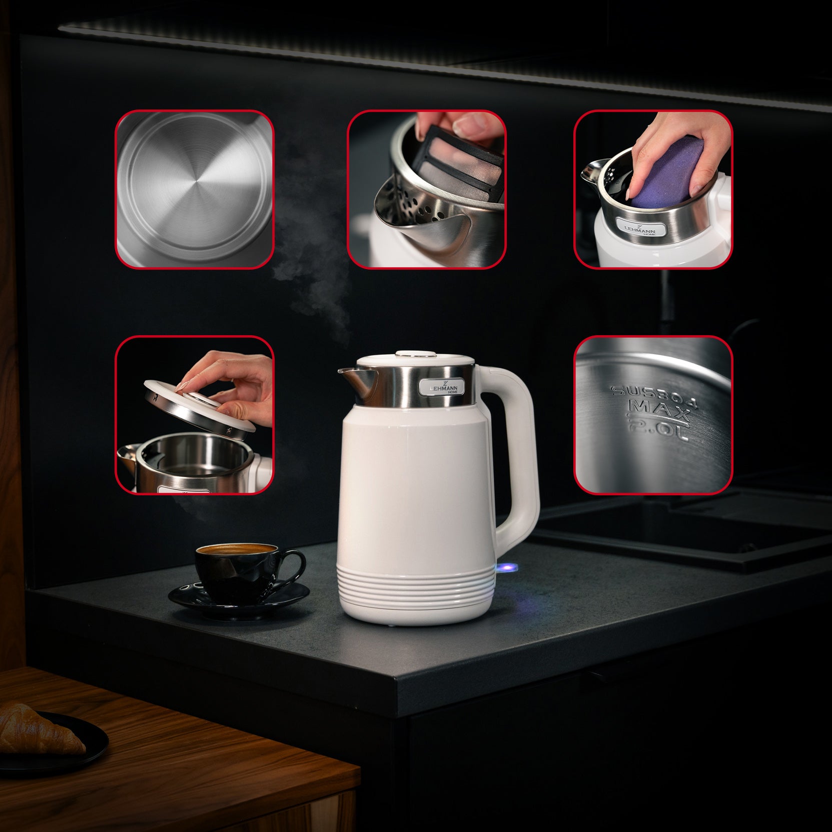 CORDLESS ELECTRIC KETTLE 2200W STRONG WHITE STEEL LARGE 2,0L QUIET Manufacturer code Czajnik elektryczny bezprzewodowy LHOEK-2220F