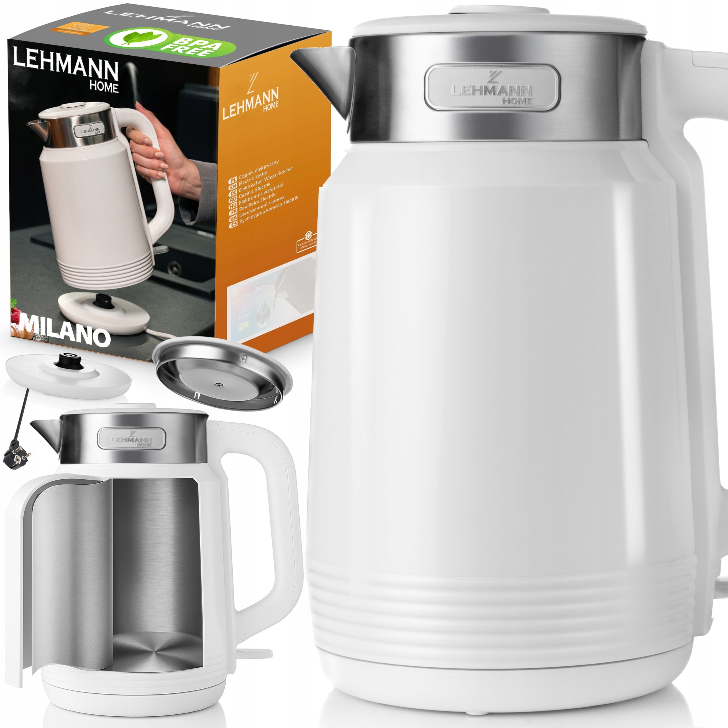 CORDLESS ELECTRIC KETTLE 2200W STRONG WHITE STEEL LARGE 2,0L QUIET