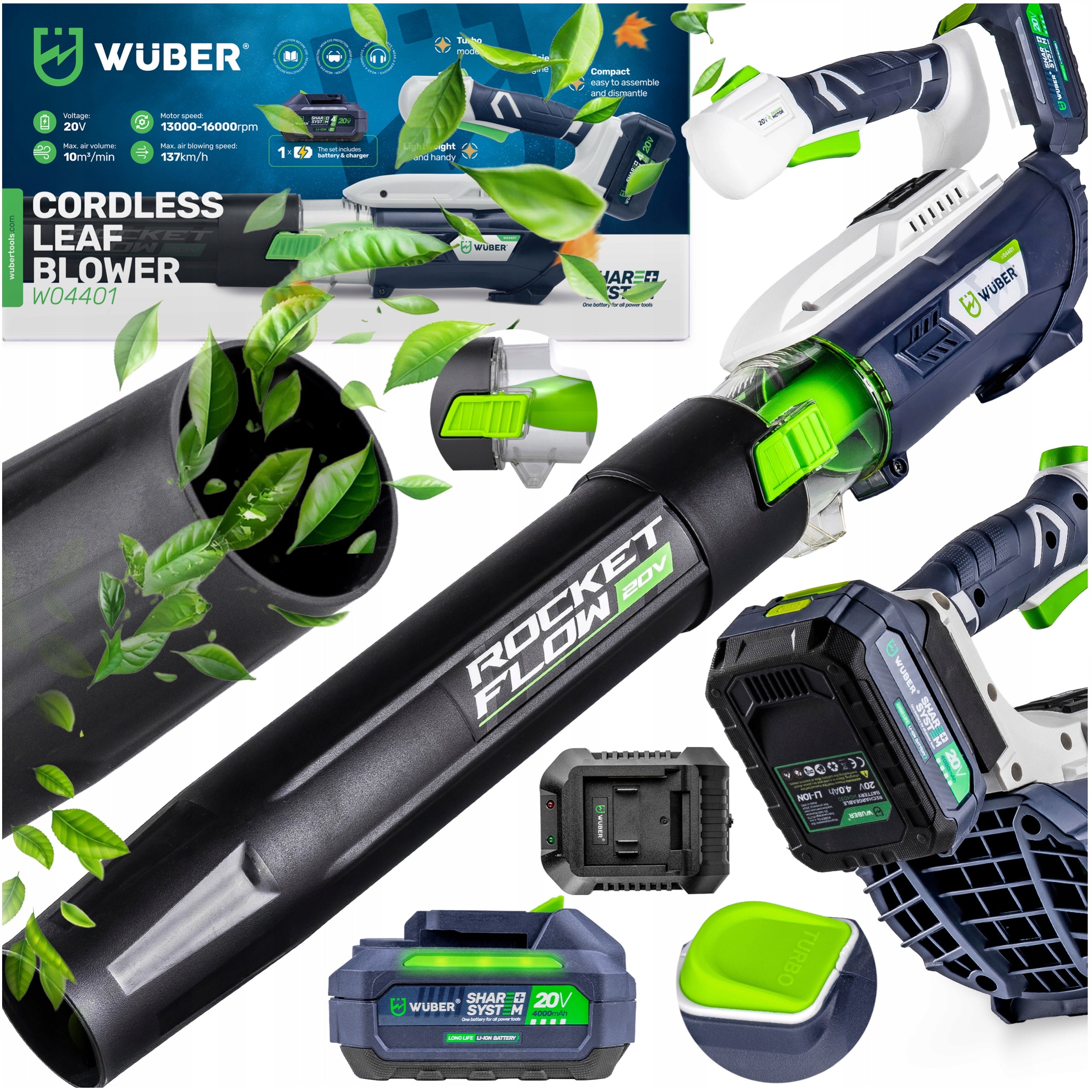 CORDLESS GARDEN BLOWER FOR TURBO LEAVES 137 km/h + BATTERY 4.0 AH