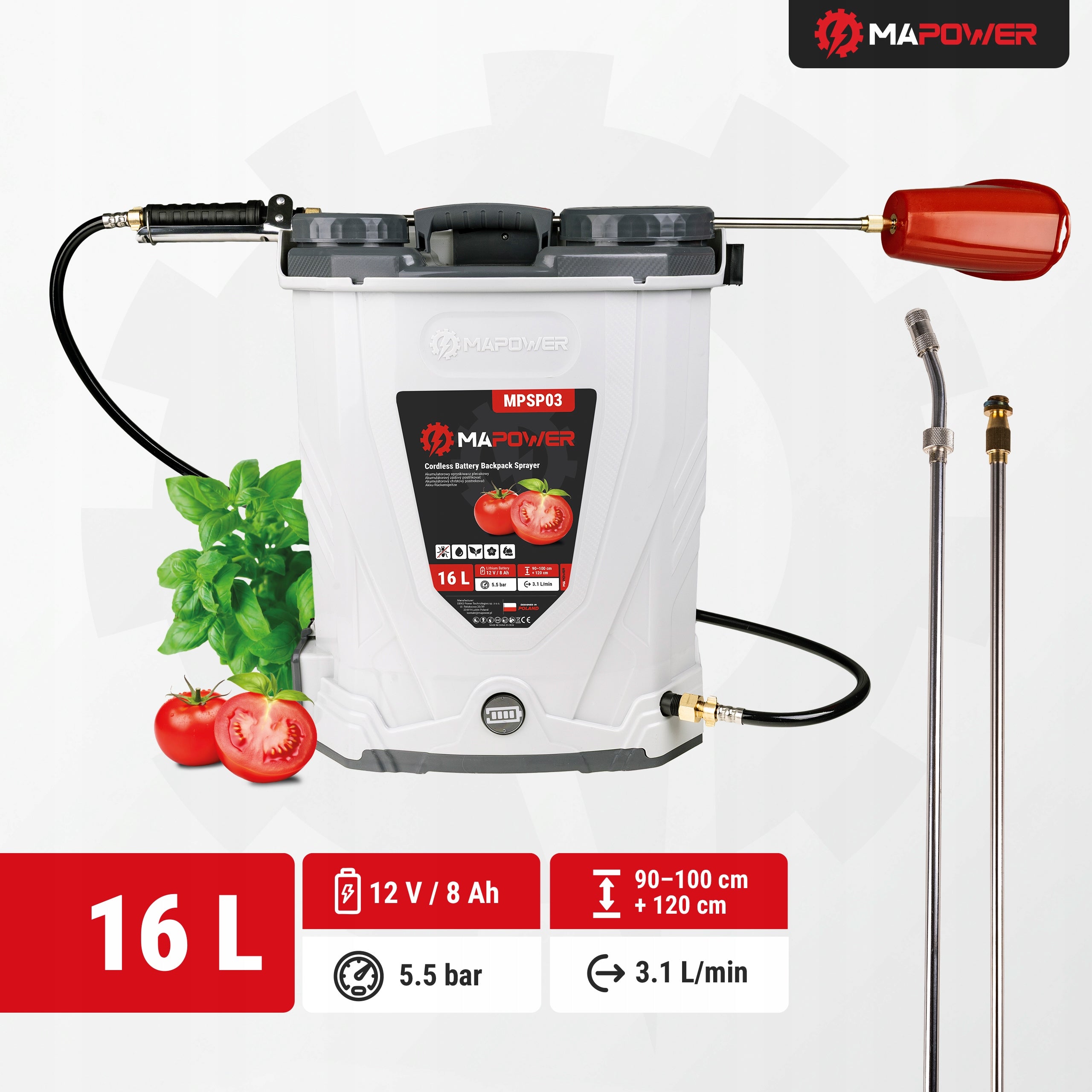 CORDLESS GARDEN PRESSURE BACKPACK SPRAYER 16L 5.5BAR MAPOWER Power supply rechargeable battery