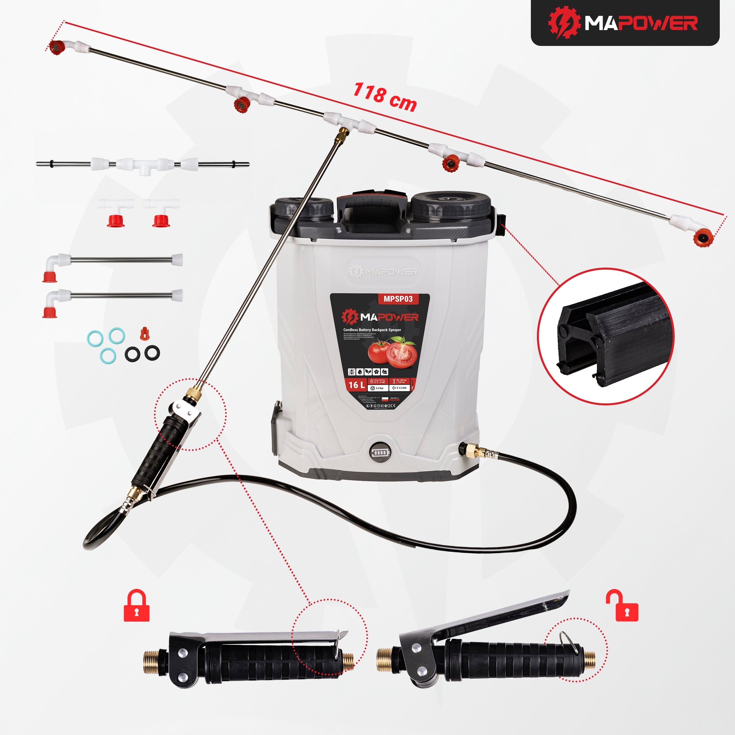CORDLESS GARDEN PRESSURE BACKPACK SPRAYER 16L 5.5BAR MAPOWER Product weight with unit packaging 4.2 kg