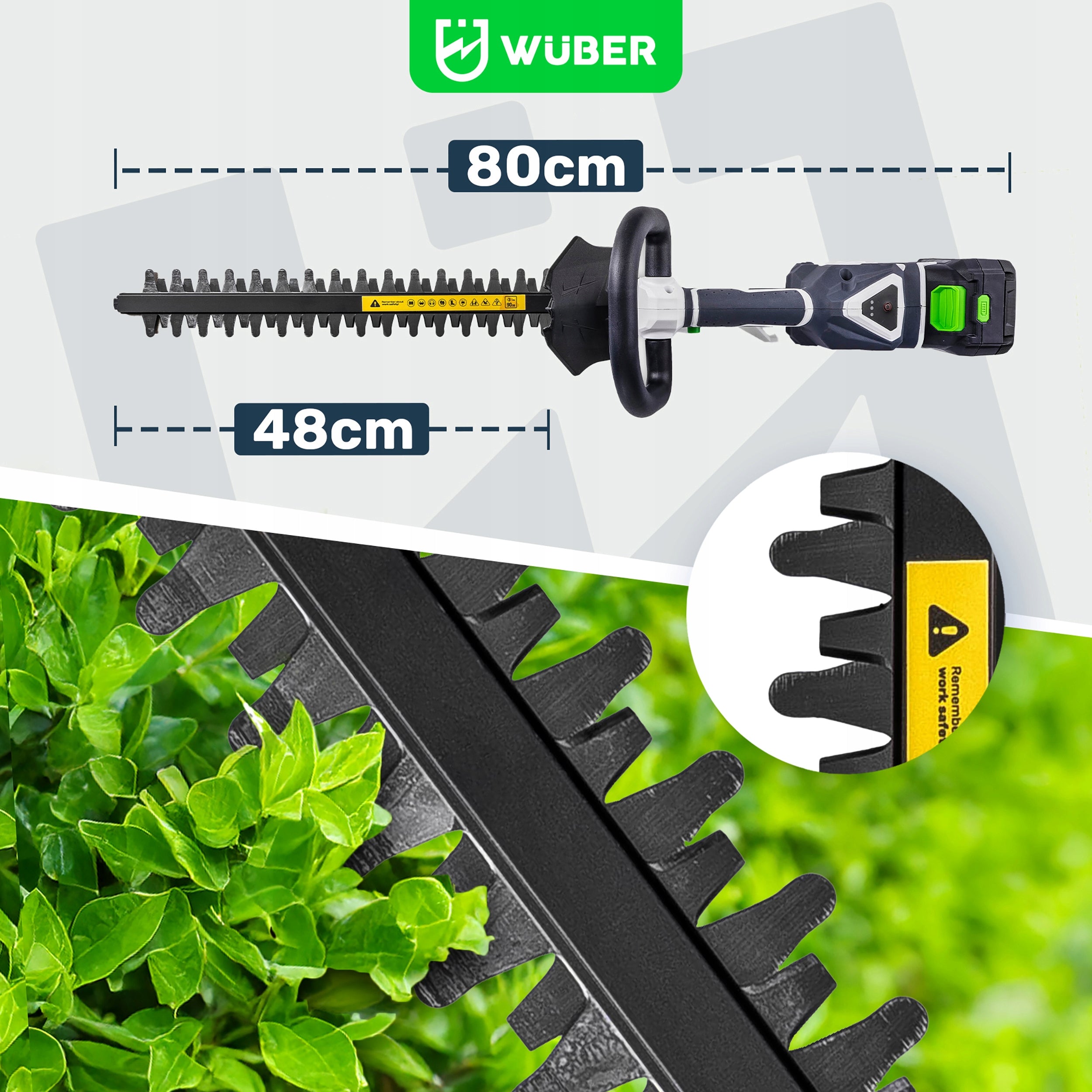 CORDLESS HEDGE TRIMMER FOR CUTTING PRUNING BUSHES 48 CM WUBER Maximum cut branch thickness 20 mm