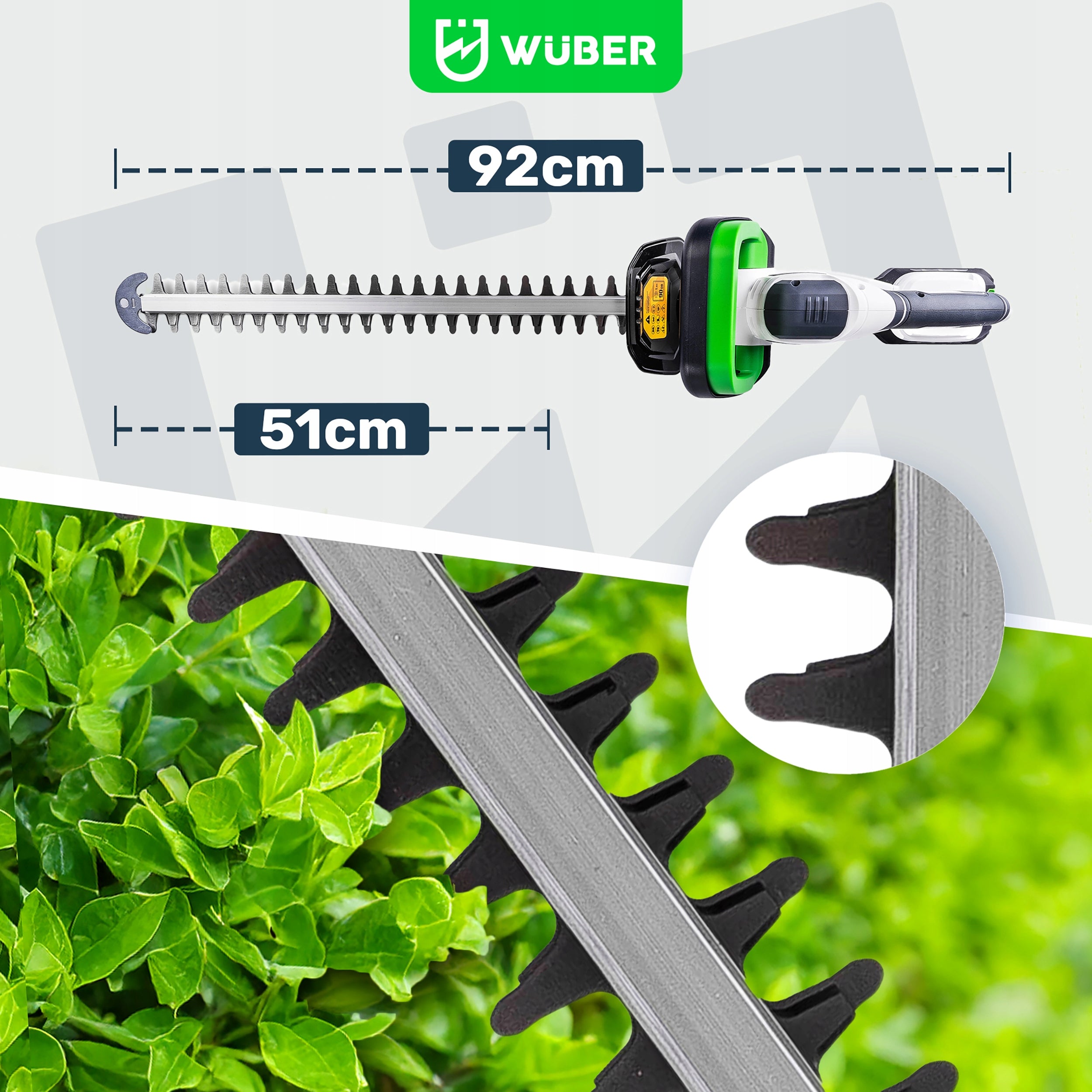 CORDLESS HEDGE TRIMMERS FOR CUTTING PRUNING BUSHES 51 CM WUBER Battery voltage 20 V