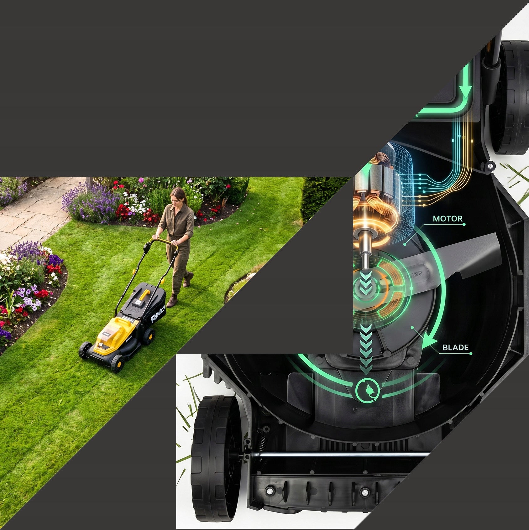 CORDLESS LAWN MOWER BRUSHLESS 4AH CHARGER 32CM BASKET 30L Model RN-30549