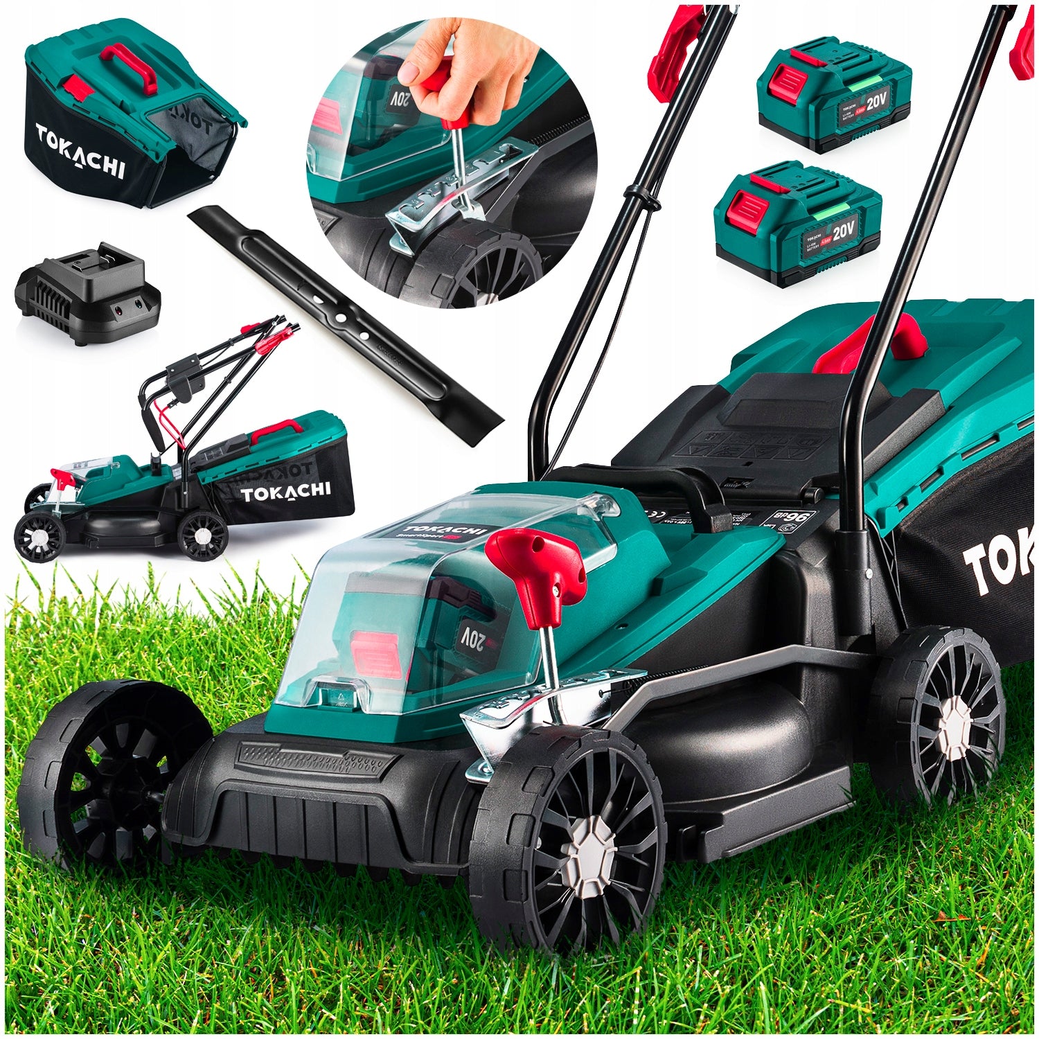 CORDLESS MOWER 33CM INDUCTION 20V AKU 2x4Ah BASKET 32L + CHARGER