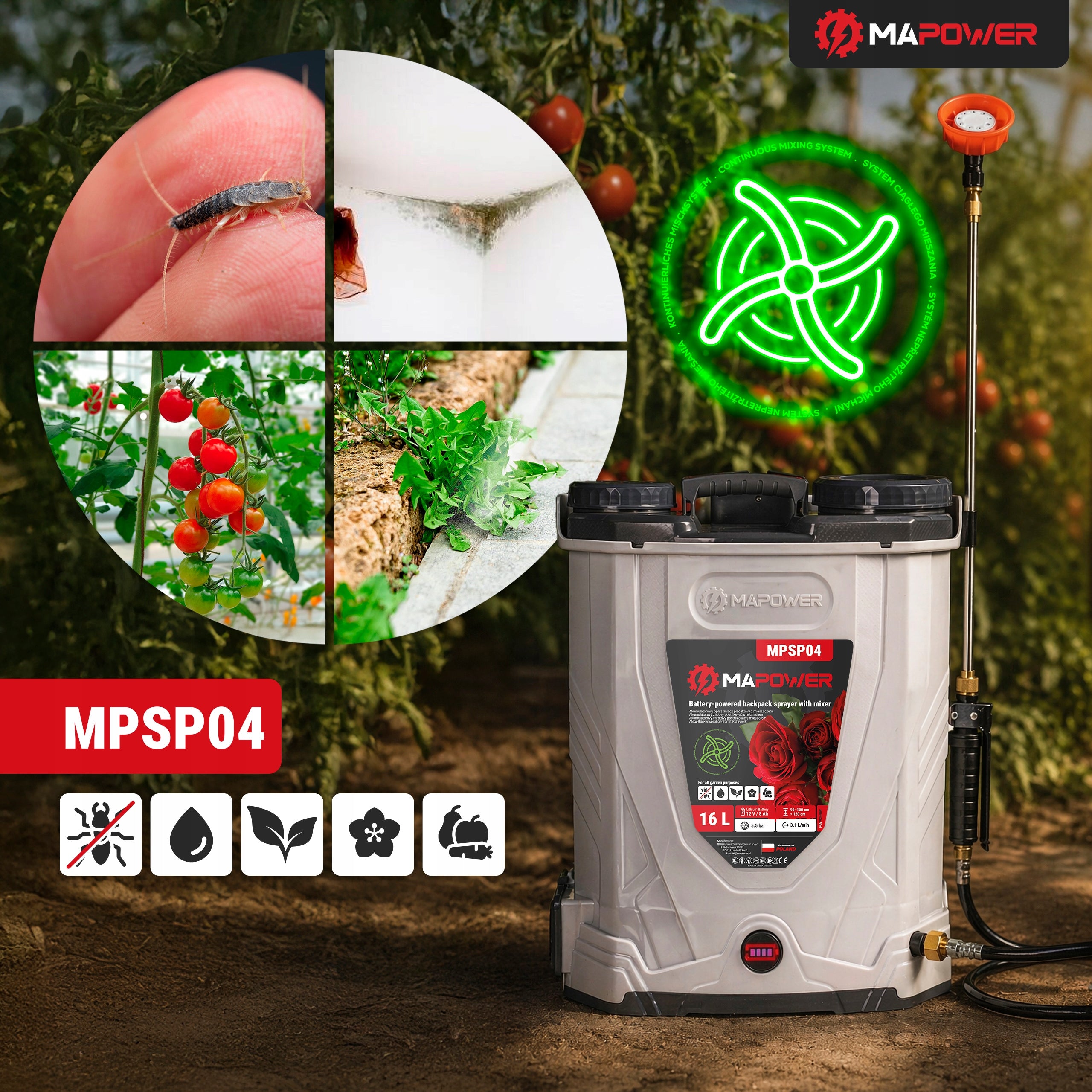 CORDLESS PRESSURE BACKPACK SPRAYER WITH MIXER 16L GARDEN Power supply rechargeable battery