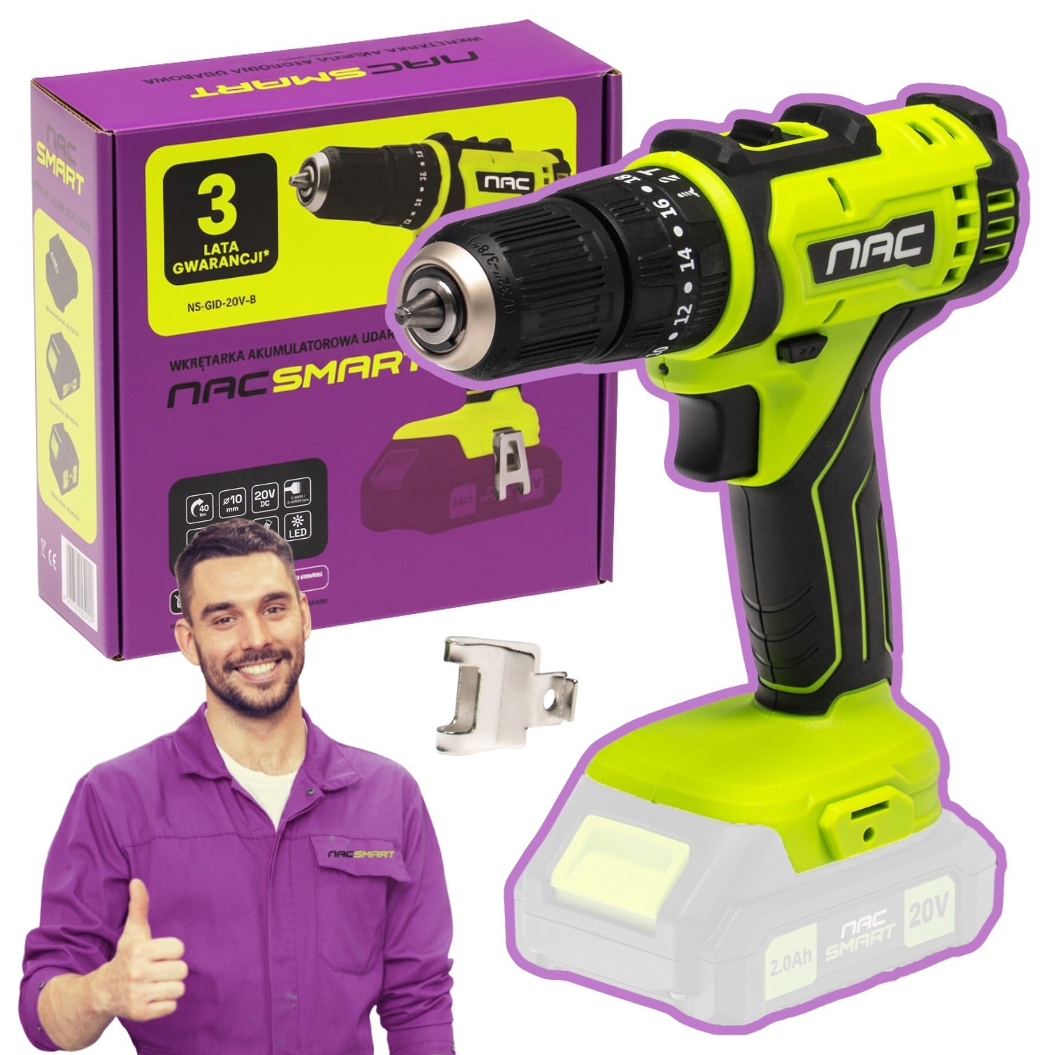 CORDLESS SCREWDRIVER WITH IMPACT NAC SMART 20V 40NM 2 GEARS LED BODY LAMP