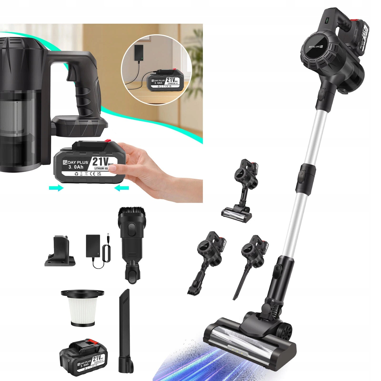 CORDLESS UPRIGHT CYCLONE VACUUM CLEANER LED BACKLIGHT POWERFUL HANDHELD