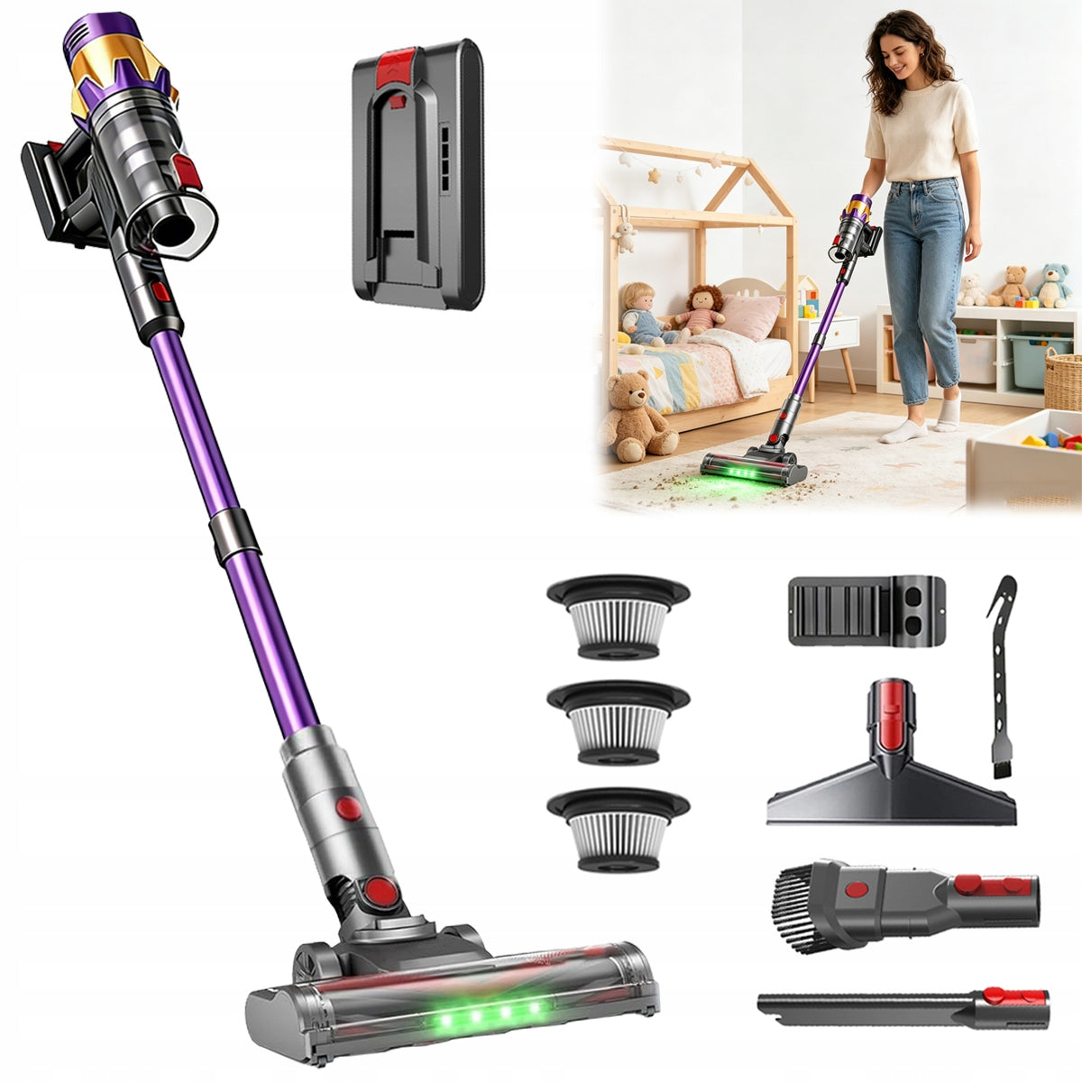 CORDLESS UPRIGHT HANDHELD LED VACUUM CLEANER 550W 45KPA FOR HOME 1.5L NEW