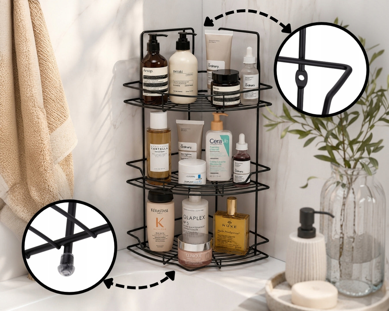 CORNER BATHROOM SHELF HANGING THREE-LEVEL ORGANIZER BLACK KAMILLE Packaging status original