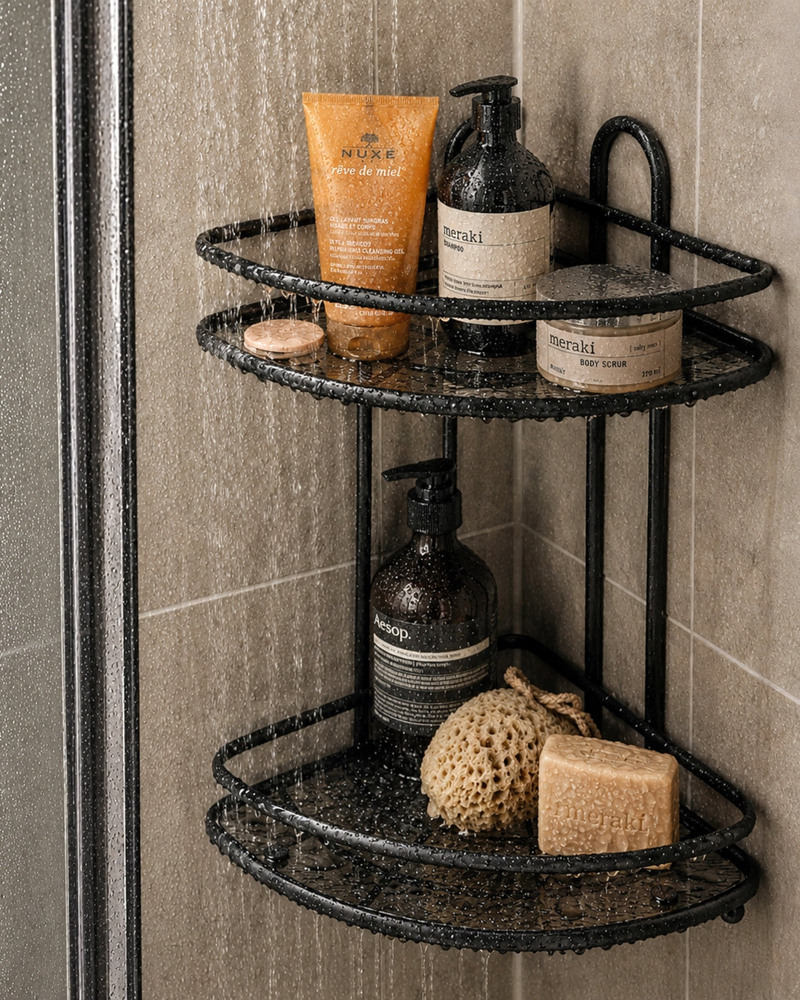 CORNER BATHROOM SHELF HANGING TWO-LEVEL ORGANIZER BLACK KAMILLE Packaging status original