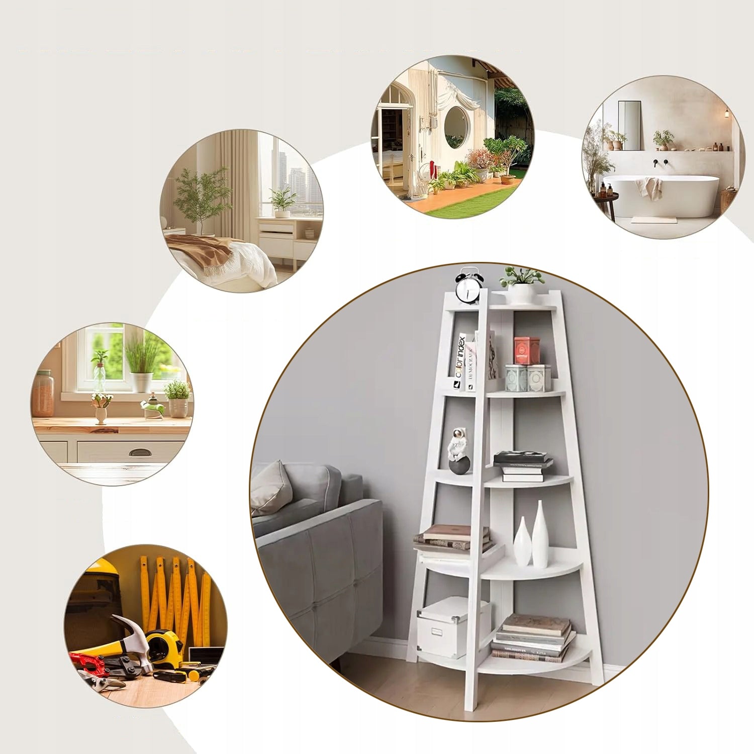 CORNER BOOKCASE, BOOKCASE, LADDER BOOKCASE, WHITE DISPLAY BOOKCASE Product depth 0 cm