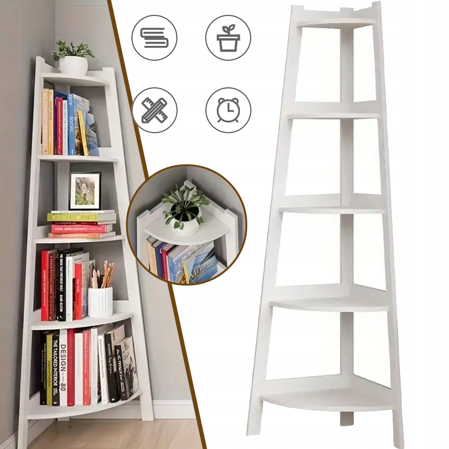 CORNER BOOKCASE, BOOKCASE, LADDER BOOKCASE, WHITE DISPLAY BOOKCASE