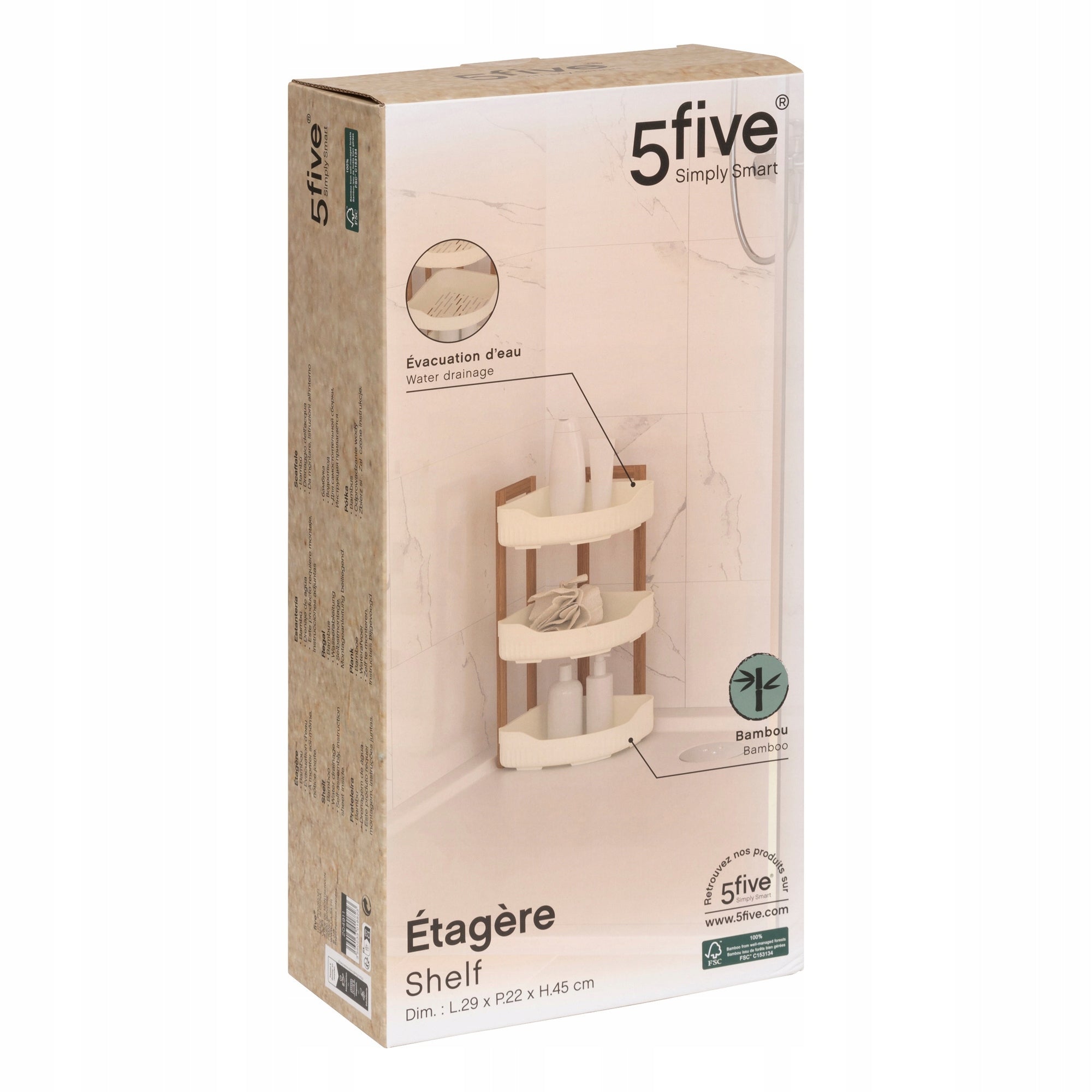 CORNER SHOWER SHELF STANDING WHITE BAMBOO NATUREO 29 X 22 X 45 CM Brand 5five Simply Smart