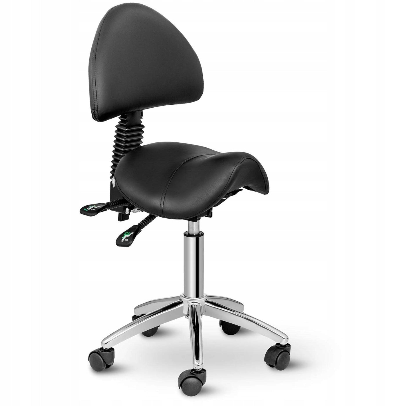 COSMETIC SADDLE CHAIR ON WHEELS FAUX LEATHER