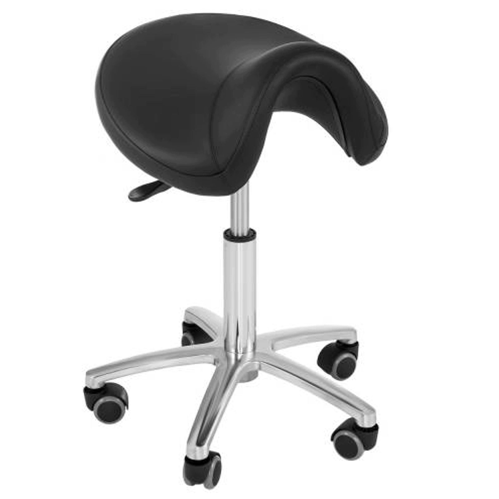 COSMETIC STOOL SWIVEL SADDLE ON WHEELS BLACK FAUX LEATHER STEEL Brand Physa