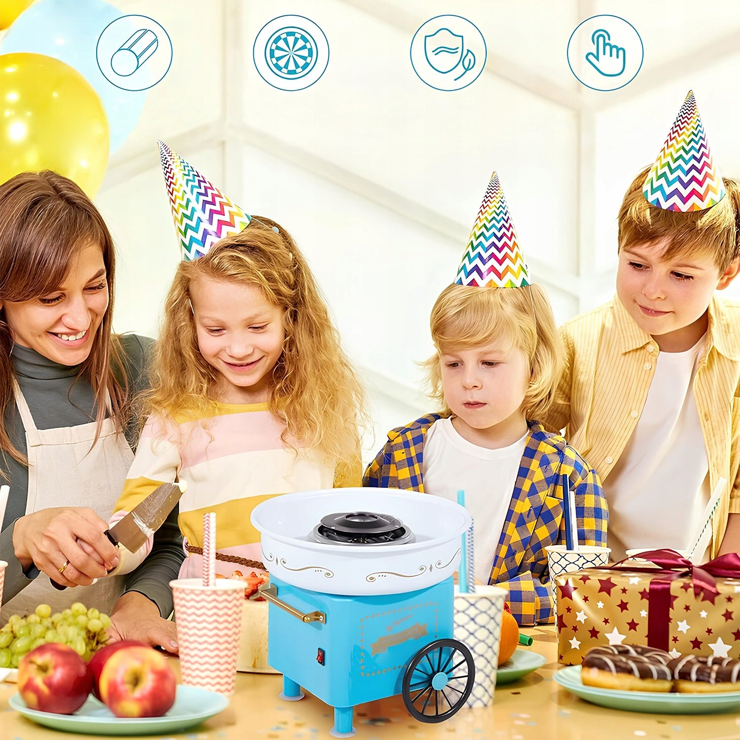 COTTON CANDY MACHINE HOMEMADE COTTON CANDY MACHINE TROLLEY + STICKS 550W Manufacturer code PRZENOŚNE URZĄDZENIE NA PREZENT DUŻA MOC
