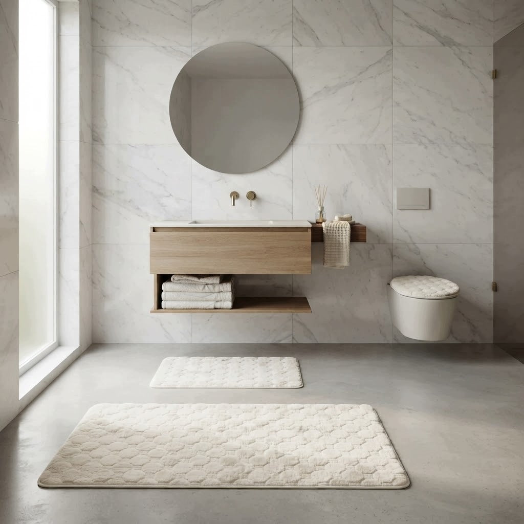 CREAM BATHROOM RUGS 3 PIECE MODERN ELEGANT COZY Length 80 cm