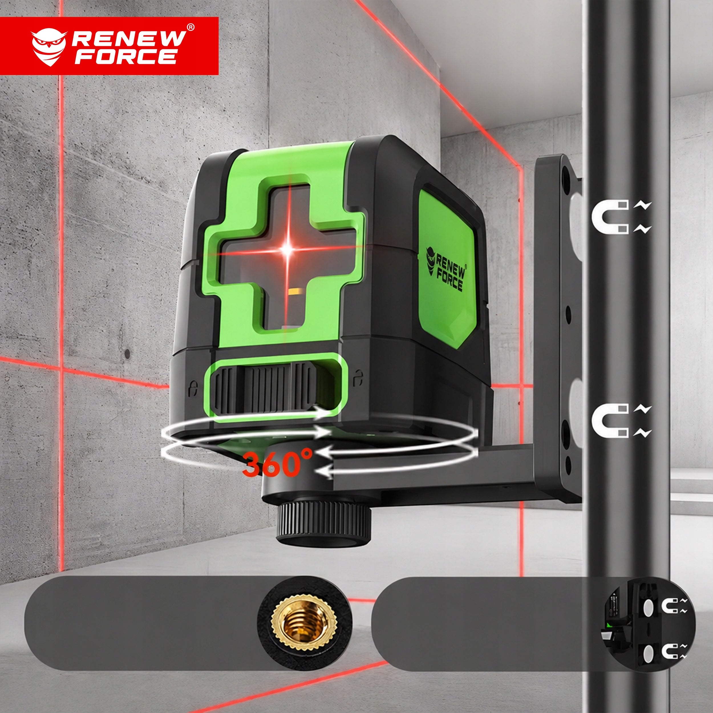 CROSS LASER LEVEL 360° self-leveling 35m WITH LOCK +ETUI MAGNET Power supply batteries