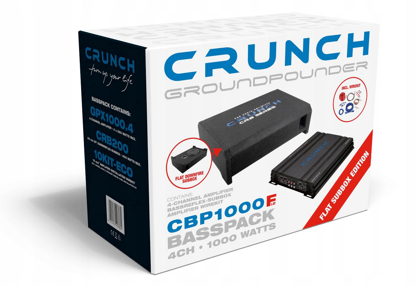 CRUNCH CBP1000F FLAT SUBWOOFER + 4-CHANNEL AMPLIFIER GPX1000.4 + CABLES Packaging status original