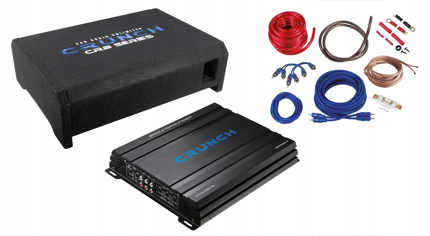 CRUNCH CBP1000F FLAT SUBWOOFER + 4-CHANNEL AMPLIFIER GPX1000.4 + CABLES