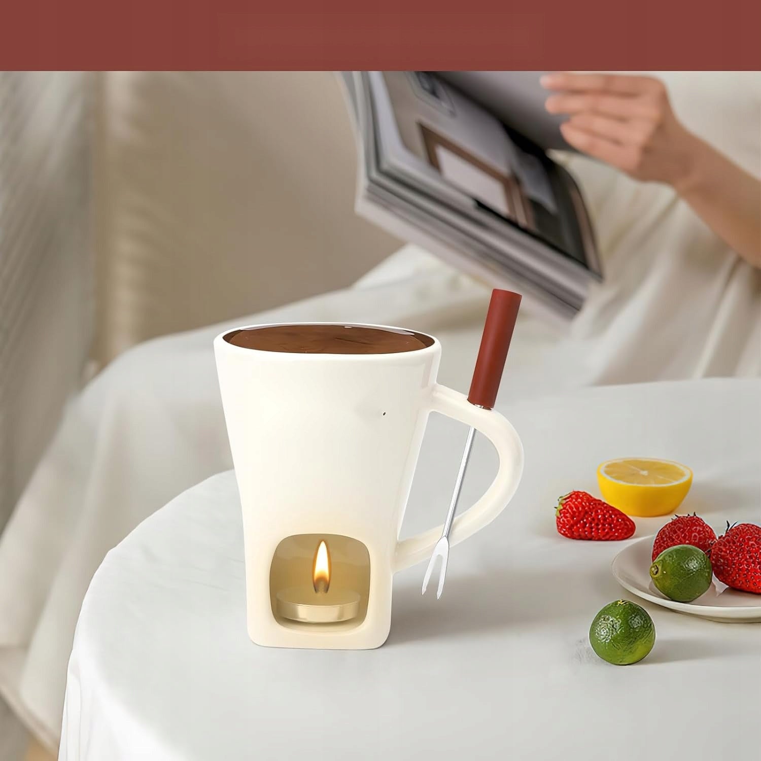 CUP 130ML FONDUE CHOCOLATE SET CERAMIC FORK WARMER Brand no brand