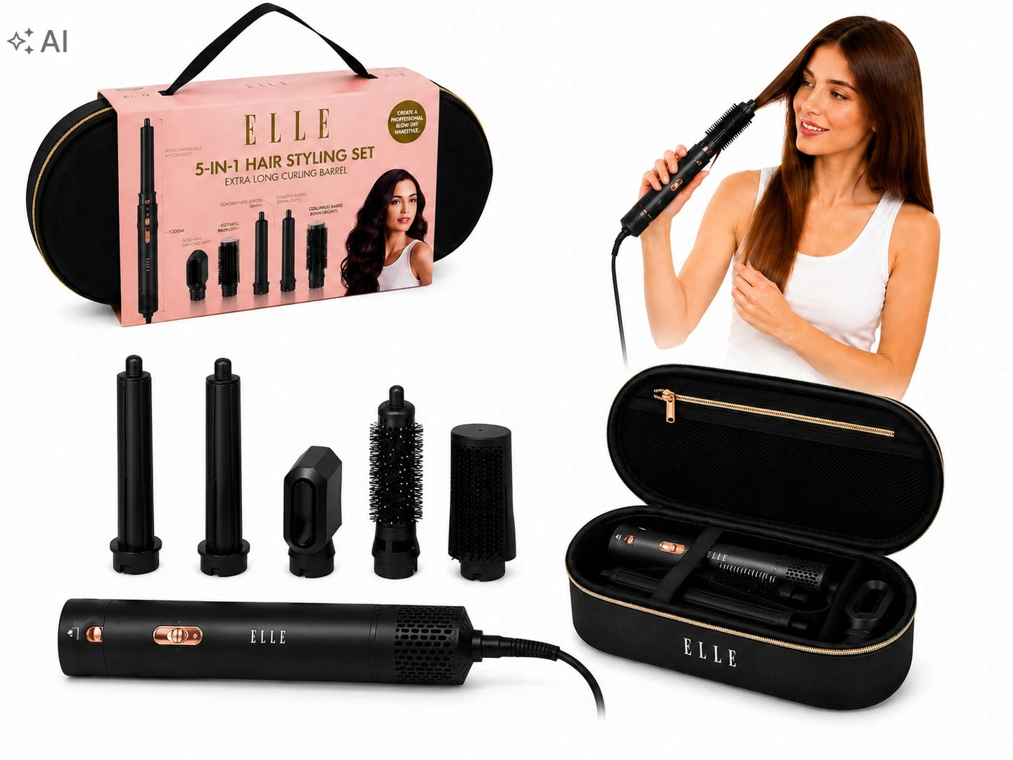 CURLING IRON-DRYER 5IN1 ELLE 1200W AIR WRAP CURLS HAIRBRUSH 5 ATTACHMENTS