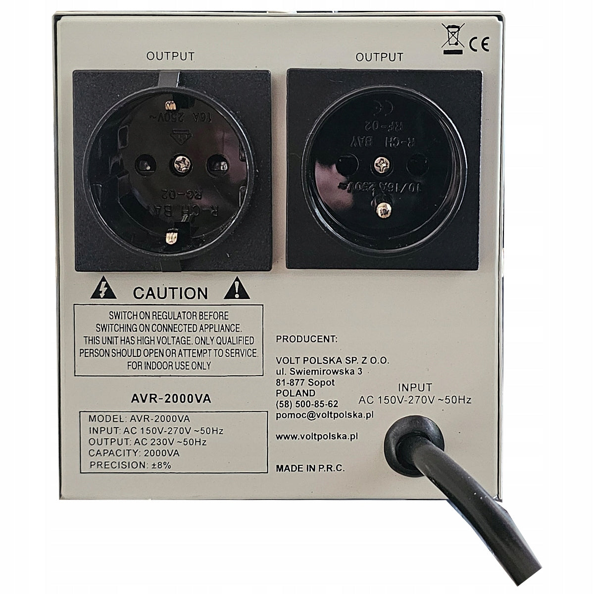 CURRENT VOLTAGE STABILIZER AVR 2000 VA PRECISION 8% NEW MODEL VOLT POLSKA EAN (GTIN) 5903111886998