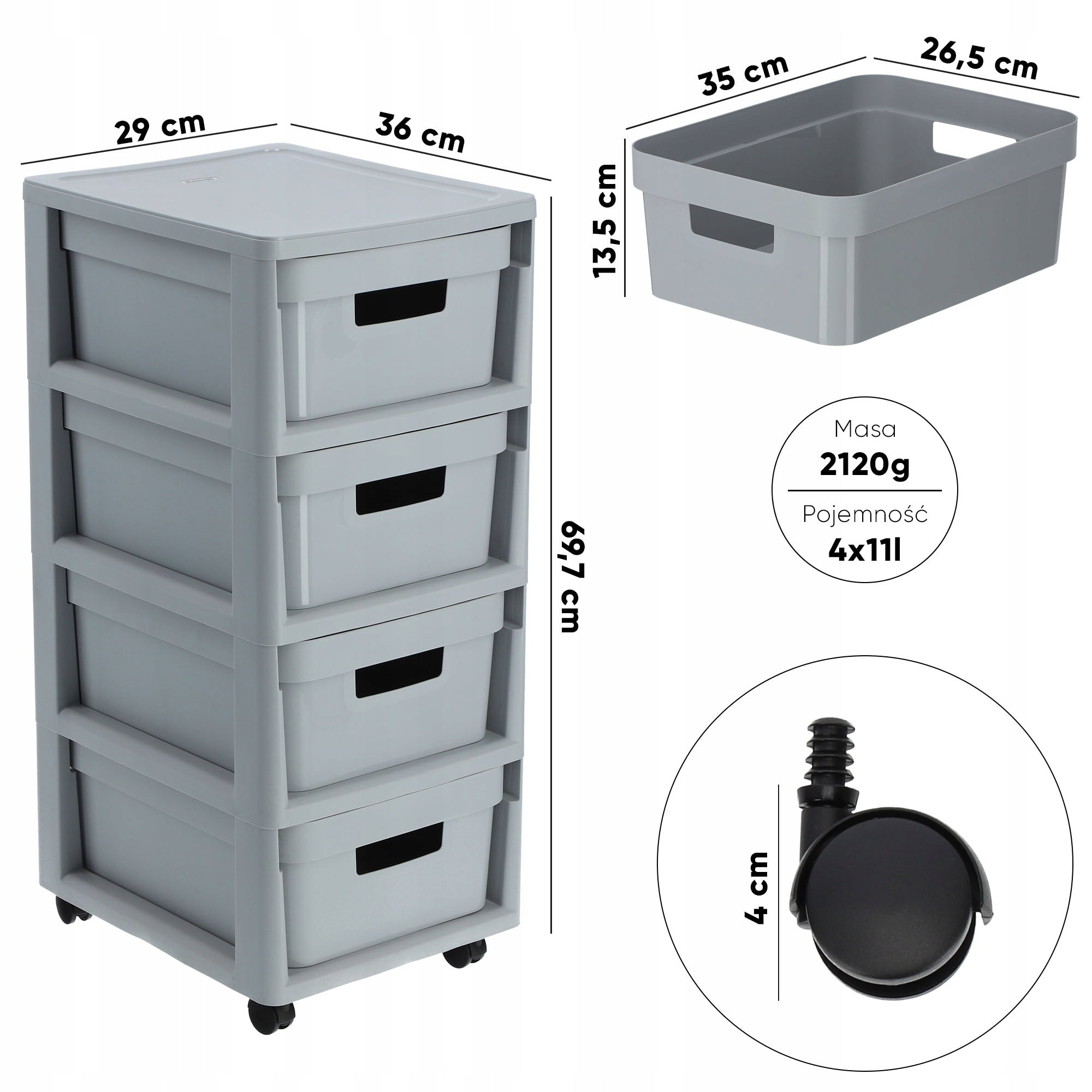 CURVER BOOKCASE CHEST OF DRAWERS 4x11L DRAWERS INFINITY GREY Brand Curver