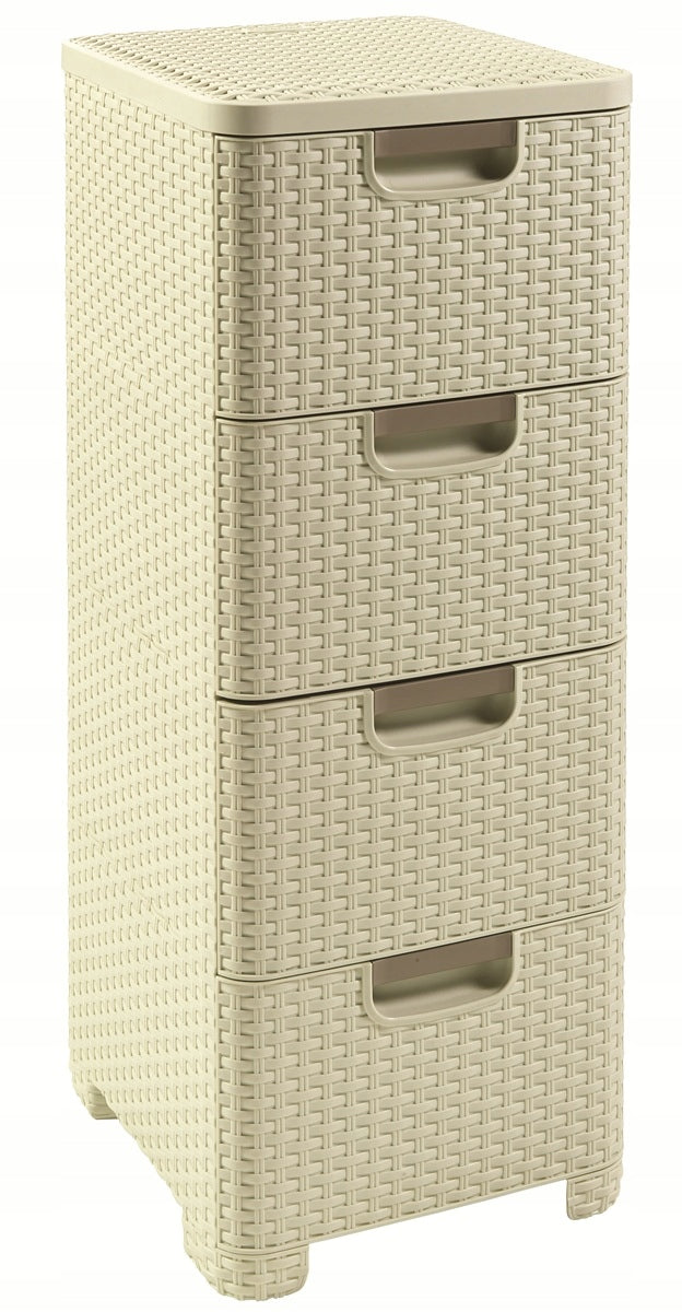 CURVER BOOKCASE WITH 4 DRAWERS BATHROOM CHEST OF DRAWERS RATTAN CREAM 4x14L