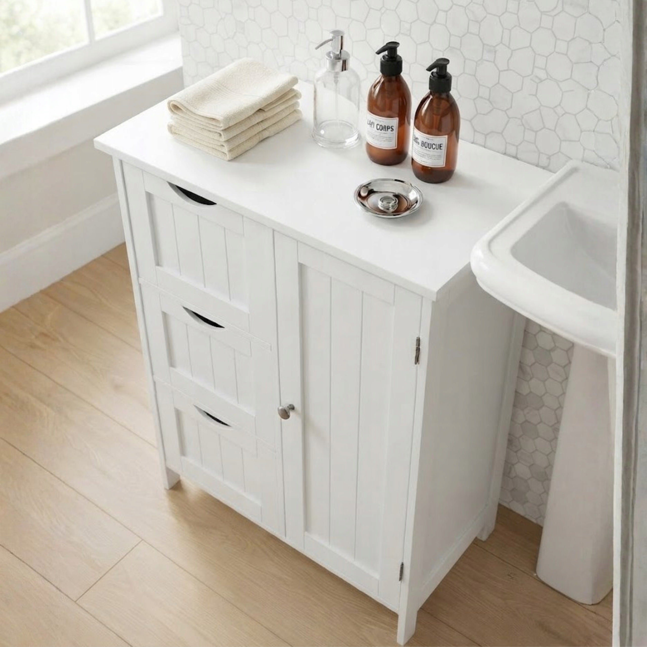 Cabinet with 3 Drawers Bathroom WHITE 60 cm Chest of Drawers Standing Bookcase for Living Room Manufacturer code S301