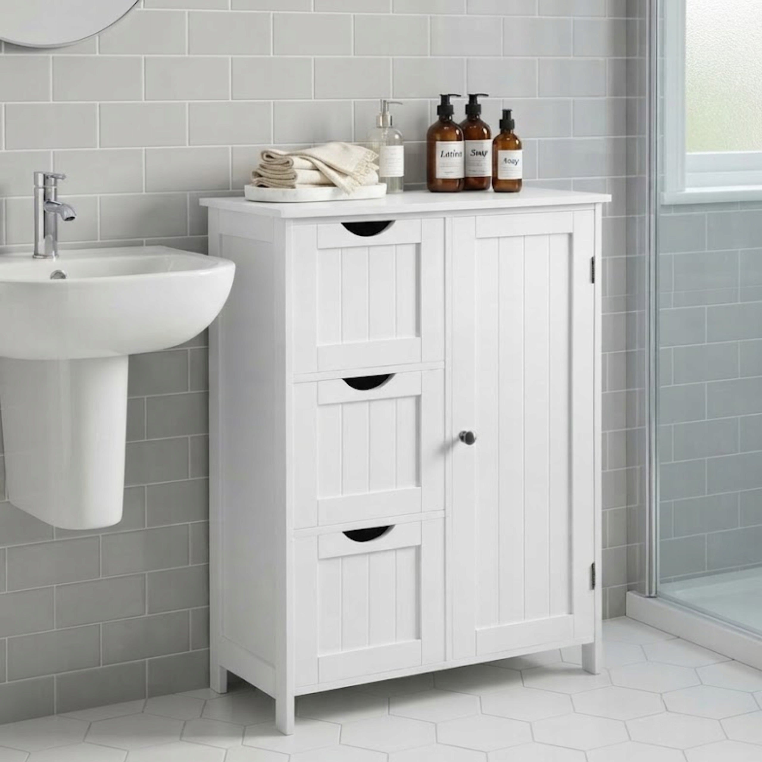 Cabinet with 3 Drawers Bathroom WHITE 60 cm Chest of Drawers Standing Bookcase for Living Room Packaging status original