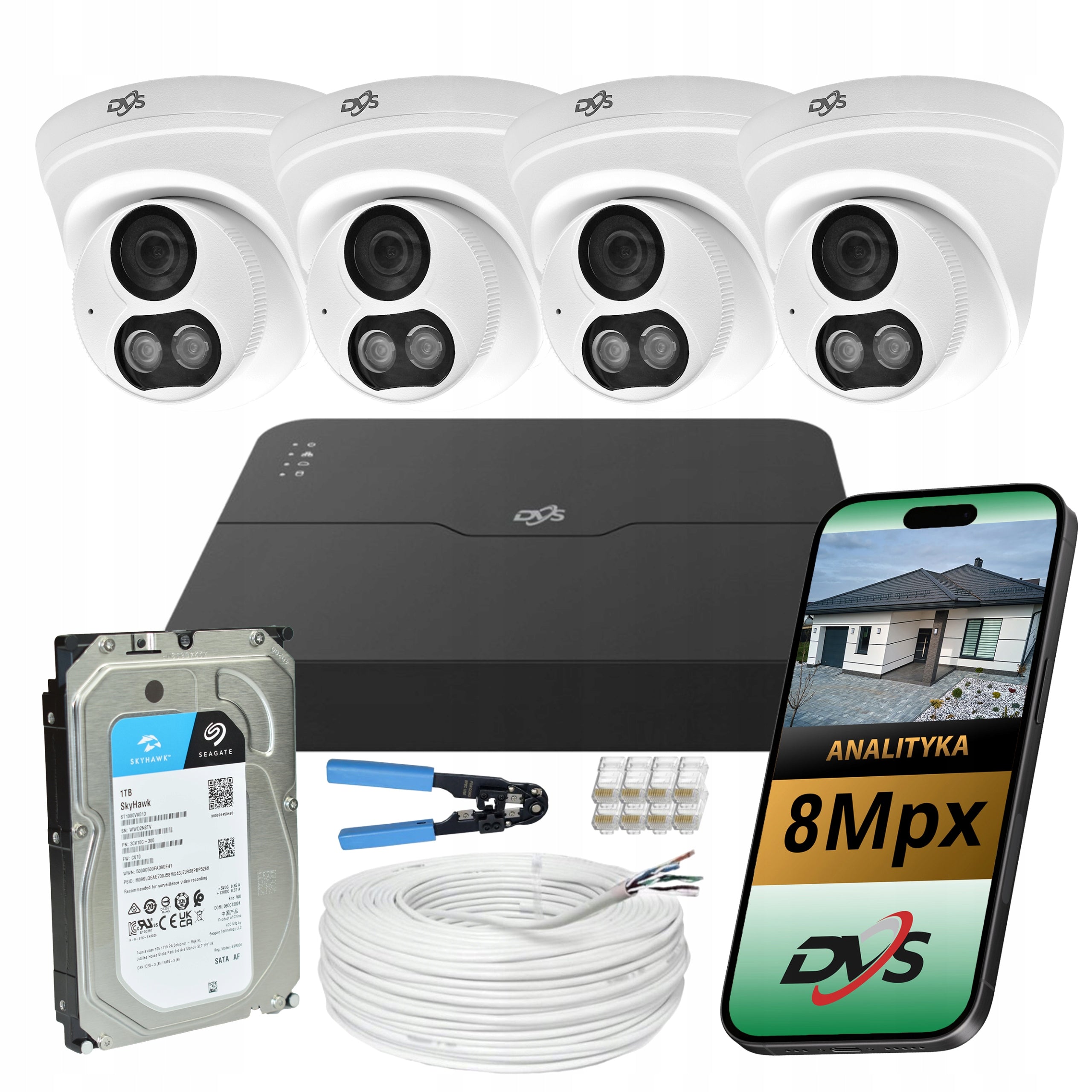 Camera set for surveillance 4 IP dome cameras 8Mpx 4K drive 1TB DVS