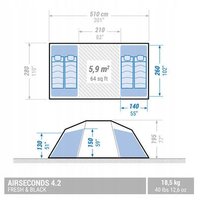 Camping Tent Inflatable Quechua Air Seconds 4.2 F&B 4-person 2 bedrooms Manufacturer code 2893031