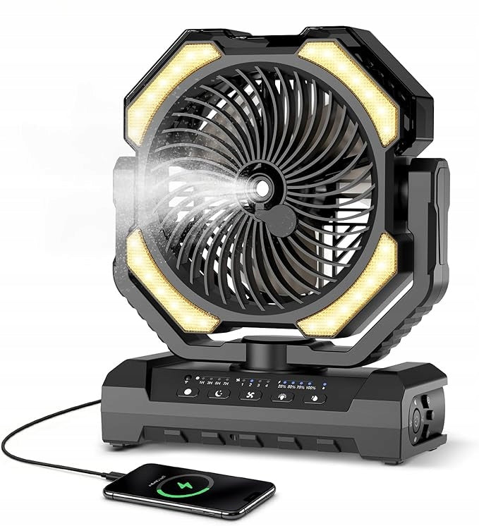 Camping fan with spray cooling, rechargeable battery
