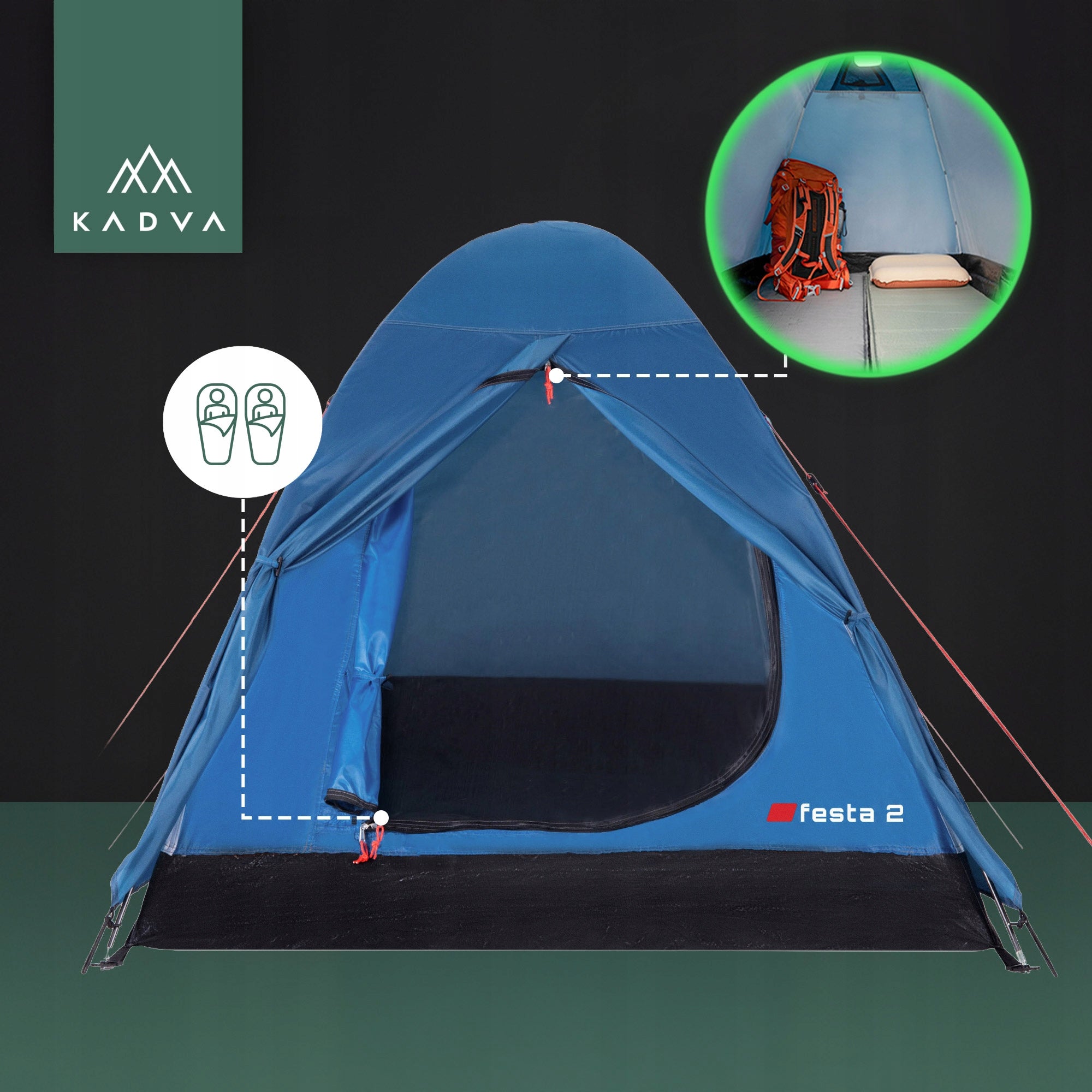 Camping tent 2-person KADVA Festa 2 blue HIKING WATERPROOF Waterproofness 2000 mm