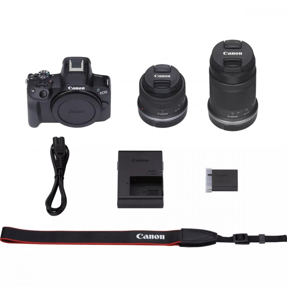 Canon R50 camera with two lenses: 18-45 STM and 55-210 STM + Cloth