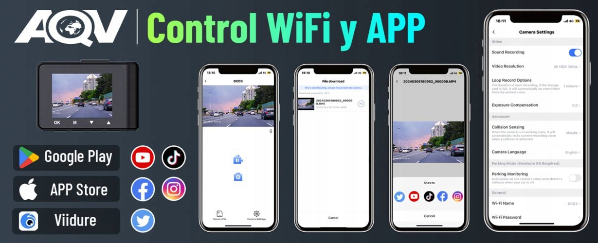 Car Camera AQV D3 4K ULTRA WiFi App Monitoring 24H 64GB Communications Wi-Fi