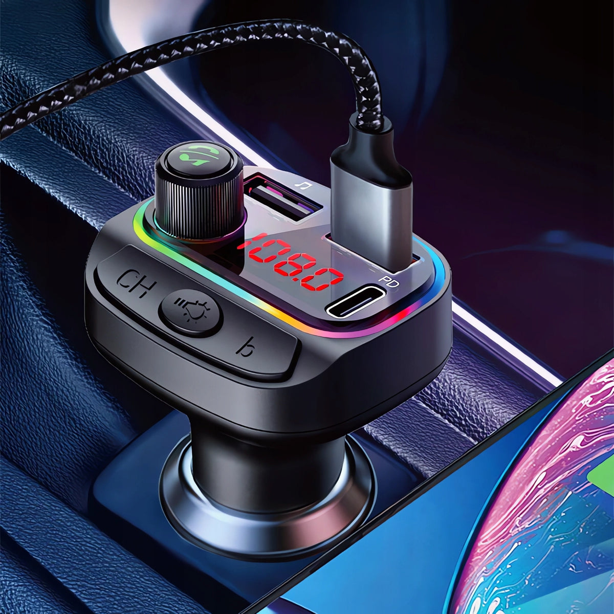 Car FM Bluetooth Transmitter FAST Charger PD 24W QC3.0 USB-C RGB Brand Agmi