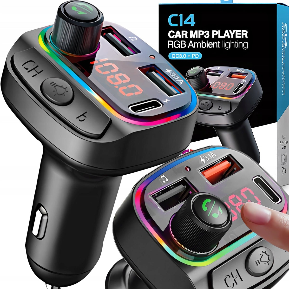 Car FM Bluetooth Transmitter FAST Charger PD 24W QC3.0 USB-C RGB