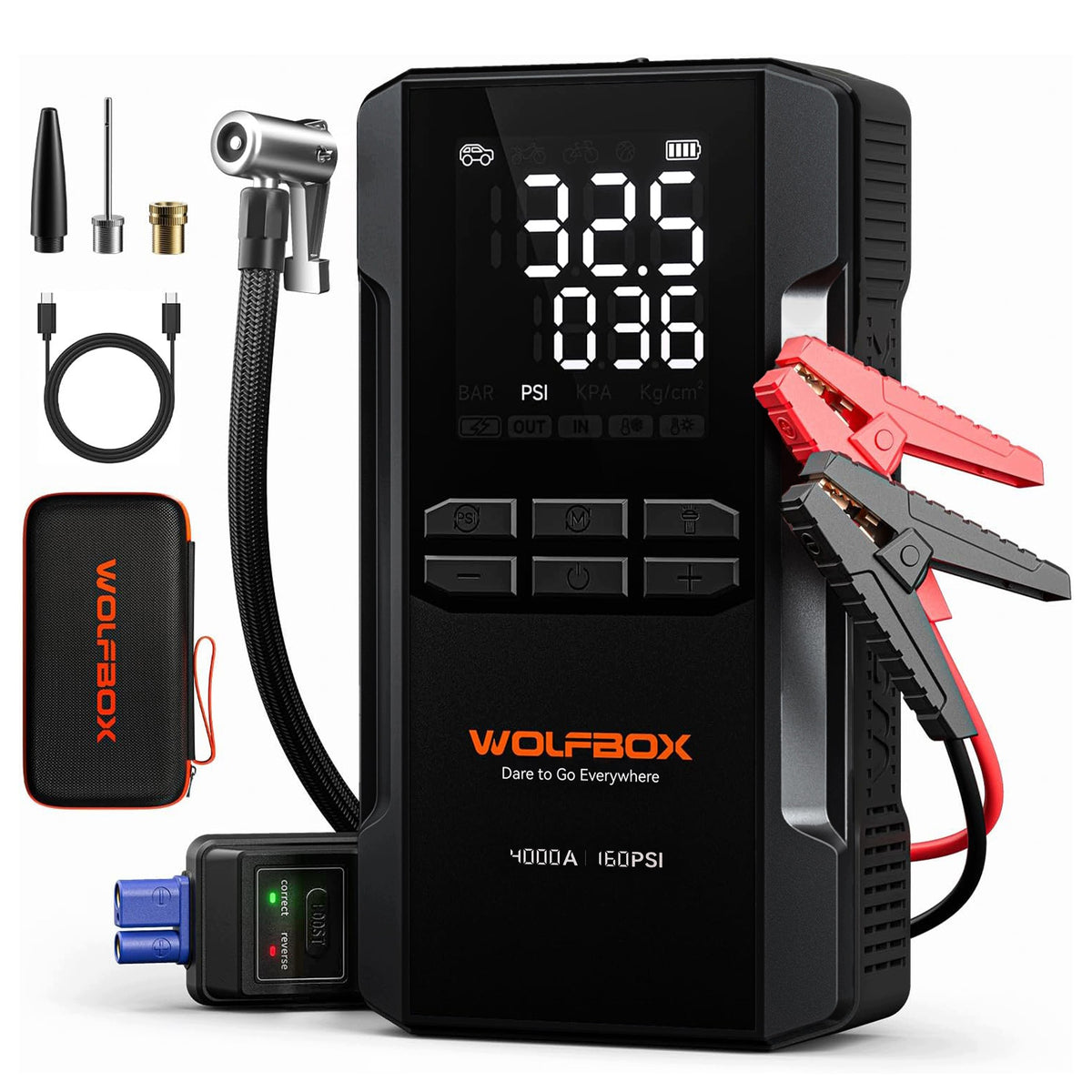 Car Jump Starter WOLFBOX JS24A 4000A 160PSI Air Compressor 10L Gas & Diesel