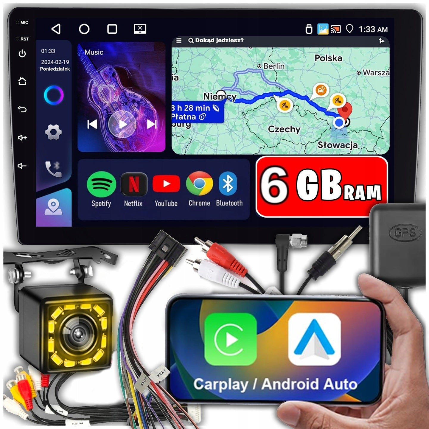 Car Radio 2 DIN Android CarPlay WiFi FM RDS GPS 9" 6GB RAM