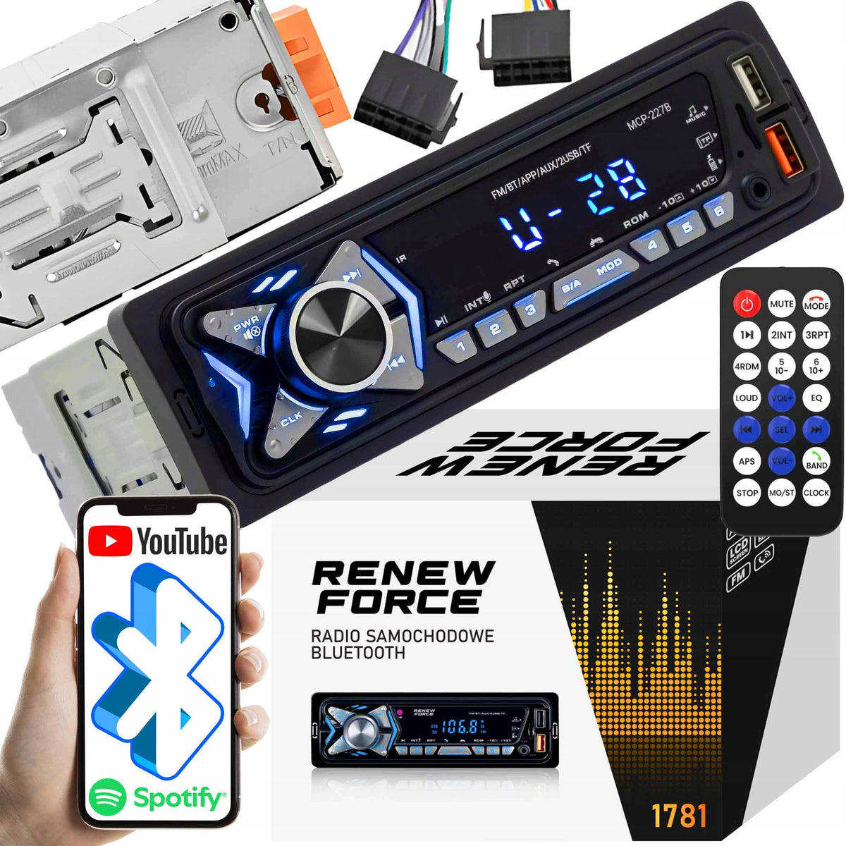 Car Radio Bluetooth 1-DIN USB AUX MP3 LCD Microphone Remote Control Kit